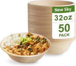 Tigelas Redondas Descartáveis de Bagasse de Cana-de-Açúcar Compostáveis e Ecológicas para Servir Sopa e Salada com Tampa - Product Image 1