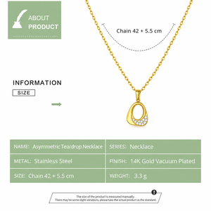 Collier asymétrique en forme de larme en acier inoxydable plaqué or 14 carats avec pierre transparente et pendentif ouvert - Product Image 3