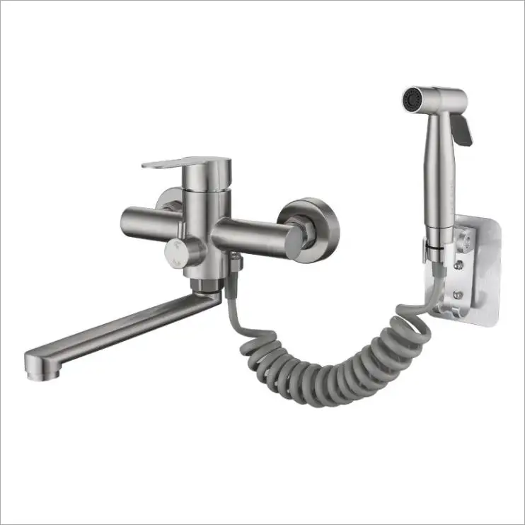 304 Stainless Steel Brushed Kitchen Faucets Wall Mounted Kitchen Sink Faucet with Handheld Sprayer