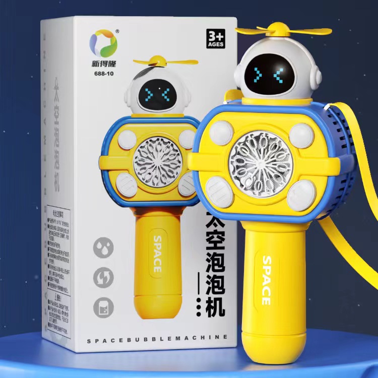 Machine à bulles astronaute - Boîte jaune et bleue - Batterie intégrée