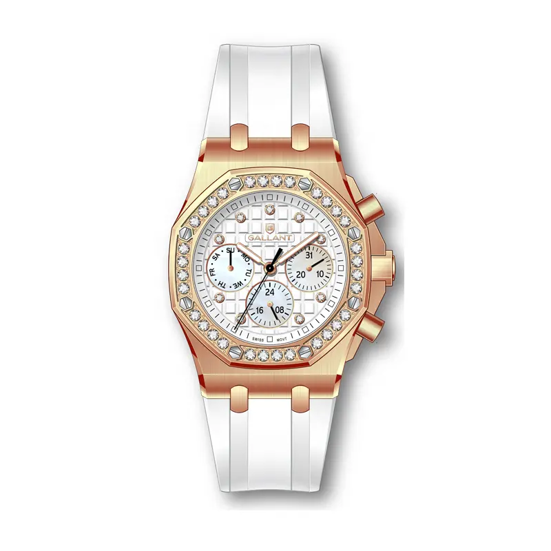 Custom Merklogo Diamant Vrouwen Horloge Goud Roestvrij Staal Timing Vrouwen Horloge