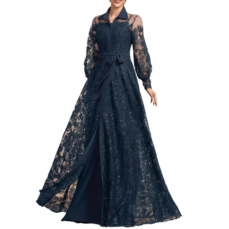 Formal Long Women Dresses Turn Down Collar Long Sleeves Button Front Chemical Lace Gown