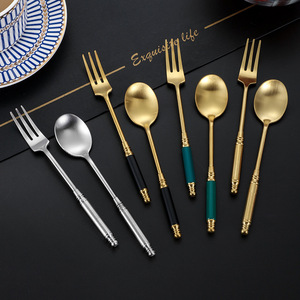 Retro 304 Stainless Steel Spoons And <b>Forks</b> Matte Gold Round Handle Dessert Coffee Stirring Utensils For Party - Product Image 4