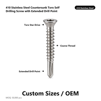 Sekrup Bor Sendiri Kepala Torx Countersunk Baja Tahan Karat 410 dengan Mata Bor yang Diperpanjang untuk Pemasangan Kayu dan Baja Tebal