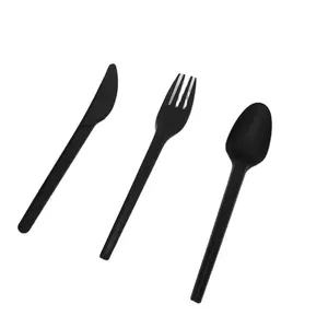 Black Cpla Cutlery CPLA 6'' Inch 16cm Knife Fork Spoon Cutlery Set Black White Color Custom Disposable Biodegradable Eco-friendly Cutlery