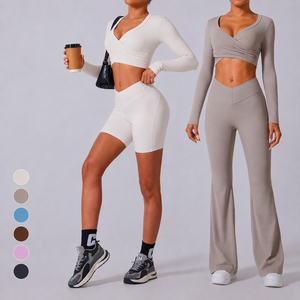 Conjunto de Yoga Personalizado com Logo, 3 Peças: Top Cropped de Manga Longa, Calças Flare de Cintura V e Shorts, Conjunto de Roupas para Treino - Product Image 1
