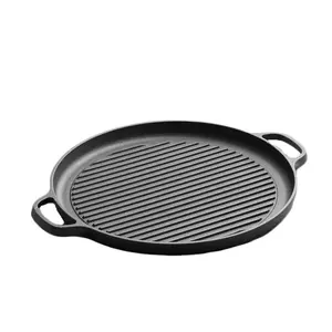 Besi Cor Pra-bumbu dengan 2 Putaran Menangani Pizza Pan Bentuk Bulat Non-Stick Pizza Crisper Pan Besar