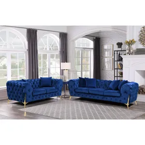 Nova Blauwe Koninklijke Klassieke 3-zits Sofa Set Luxe Woonkamer Meubels Italiaanse Fancy Grote Fluwelen Stof Bank