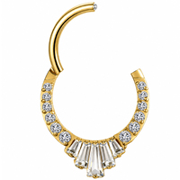 Piercing Septum Clicker en Titane ASTM F136 G23 avec Zircone Cubique (CZ) Taille Baguette et Ronde Mélangées, Plaqué Or 24K, 16G 8mm 10mm, pour Nez, Daith, Hélix