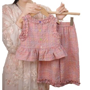 Girls Cotton Plaid Sleeveless <b>Top</b> With Ruffles And Matching Shorts Set Summer Outfit For Children - Product Image 1
