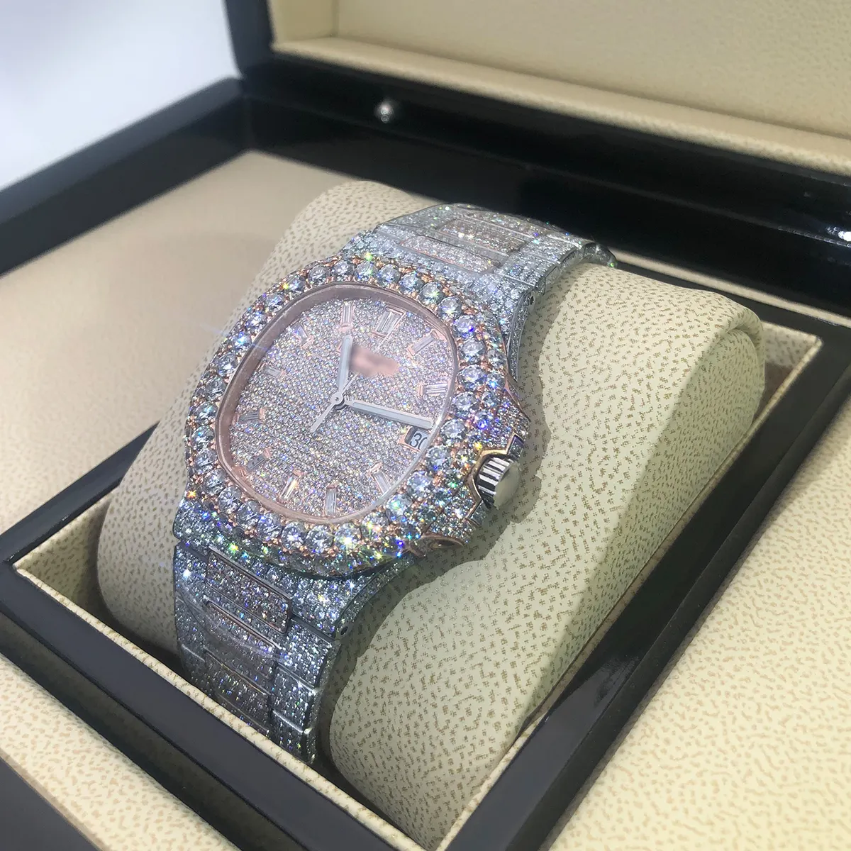 Customized Top Luxury Blingbling Vvs Moissanite Diamond Watch Seeing Steel Mechanical Watch for Men Women