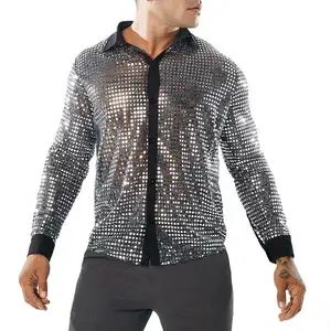 RNSHANGER été hommes chemise à paillettes rétro 70s Disco quotidien Polyester + maille + paillettes nouvelles chemises à col rabattu de haute qualité