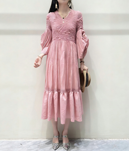 <span class=keywords><strong>Vestido</strong></span> Modesto Plisado de Moda para Mujer, Casual, Simple, Color Sólido Rosa, para Fiesta, Graduación, Alta Calidad, Talla Única, Ropa, Vestidos - Product Image 1