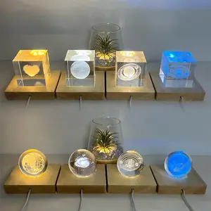 3DLEDナイトライト木製テーブルランプUSB正方形クリスタルガラスアートオーナメントディスプレイベーススタンドホルダー