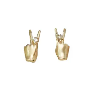 LOZRUNVE 925 Sterling Silver Trendy 14k Gold Plated Peace Sign Hamsa Finger Stud Earring