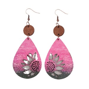 Pendientes colgantes vintage con forma de gota de girasol para mujer, joyería hueca de doble cara estilo madera - Product Image 5