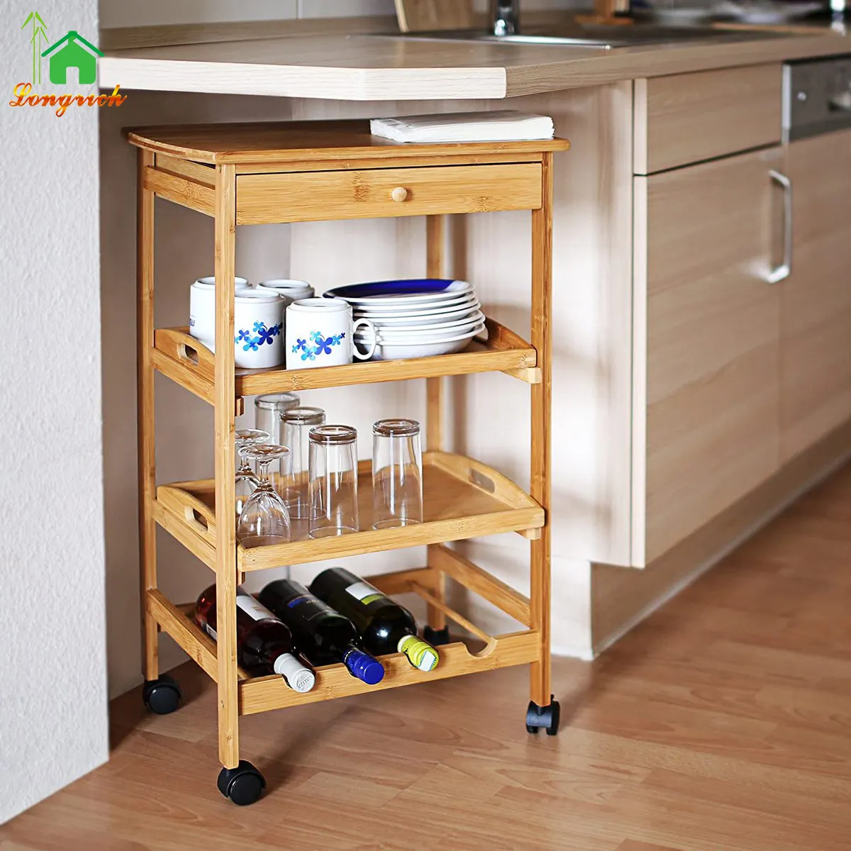 Wholesale 3-Tier Wood and Metal Trolley Kitchen Carts with Storage Serving for Home and Dining