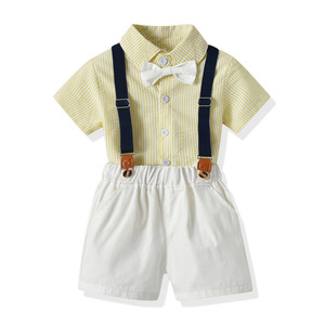 2025 verano Pastoral Casual manga corta conjunto de ropa para niños <span class=keywords><strong>camisa</strong></span> a rayas <span class=keywords><strong>tirantes</strong></span> pantalones cortos vestido de graduación Dropshipping - Product Image 4