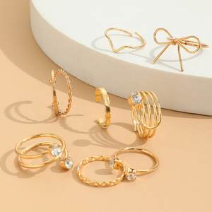 Ensemble de bagues d'articulation avec diamants, ensemble de 8 pièces, anneau torsadé en <span class=keywords><strong>V</strong></span> avec nœud papillon, ensemble de bagues pour femmes, bijoux design bohème pour doigts - Product Image 4