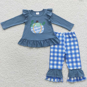 RTS NO MOQ Sweet Girl Boutique Blue Pumpkin otoño trajes niños al por mayor niño niña manga larga Niño Día de Acción de Gracias ropa - Product Image 6