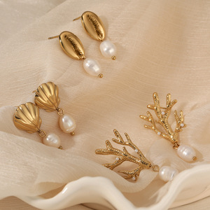 <span class=keywords><strong>Orecchini</strong></span> a Perno in Acciaio Inossidabile con Conchiglie Cowry, Serie Ocean Pearl Drop, Gioielli Placcati Oro per Vacanze al Mare - Product Image 2