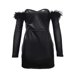 เดรสหนังดีไซน์ใหม่คุณภาพสูงสไตล์ไนท์คลับสำหรับฤดูใบไม้ร่วง ทรงเข้ารูป คอลึกแบบวี ไร้สายรัดไหล่ กระโปรงสั้นรัดรูปแบบไหล่เดียว - Product Image 5