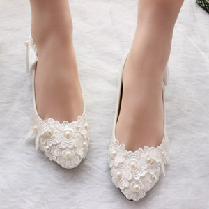 <span class=keywords><strong>Bai</strong></span>, zapatos de boda con lazo blanco para mujer, zapatos de boda de talla grande para mujer, zapatos de dama de honor sin cordones con perlas y mariposas - Product Image 2