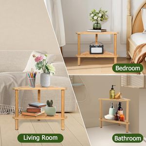 Estante de baño triangular de madera de doble capa, independiente, con reposapiés para ducha y almacenamiento para artículos de aseo y plantas - Product Image 4