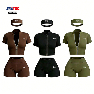 Custom Zip up <strong>Yoga</strong> <strong>Top</strong> and High Waist Shorts Leggings Gym Fitness Sportswear Workout Outfits Two Piece Set <strong>Women</strong> Clothing - Product Image 3