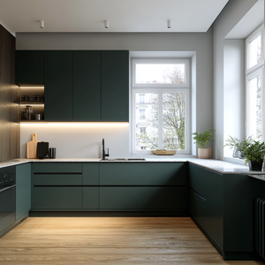 Service de meubles de <span class=keywords><strong>cuisine</strong></span> de luxe à guichet unique Armoires modernes vert foncé mat avec dessus en marbre et accent <span class=keywords><strong>LED</strong></span> pour la maison d'hôtel - Product Image 3