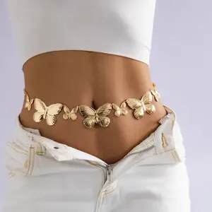 Amostra de joias banhadas a ouro punk, corrente de cintura sexy de borboleta, joias de corpo para mulheres