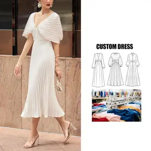 fabricante de roupas high-end Custom 2024 senhoras Elegante Moda Plissada V-neck Silk midi vestido formal para as mulheres