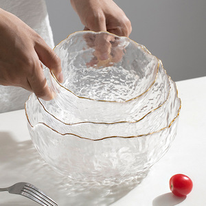 Nordic Luxury Gold Rim Eco-friendly Solid Color Fruit Plate Set Transparent Glass Crystal Salad Bowl Promotional Tableware