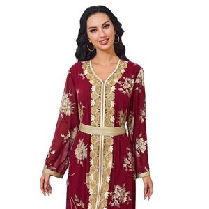 Verano Nuevo musulmán Djellaba <span class=keywords><strong>mujer</strong></span> dorada con cuentas bordadas Abaya manga larga - Product Image 1