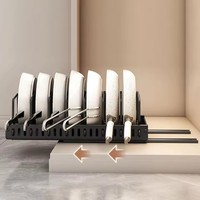Organisateur de casseroles et poêles de cuisine avec séparateurs réglables, support coulissant pour couvercles de casseroles, support pour ustensiles de cuisson, boîte en acier au carbone noir/blanc
