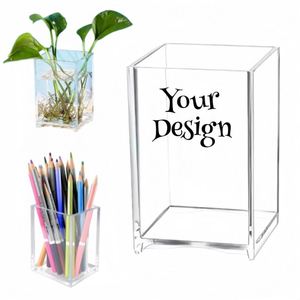 Custom logo Clear Acrylic Pen <b>Holder</b> <b>Makeup</b> Brush <b>Holder</b> Desk Accessories Square Stationery Transparent for Home Office School - Product Image 1
