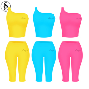 Conjunto de dos piezas Sring Fling personalizado: Top de un solo hombro y pantalones capri, conjunto de ropa informal de jersey para mujer, conjunto de leggings para estar en casa. - Product Image 1