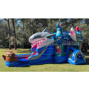 Precio al por mayor, casa de rebote de tiburón inflable, castillo hinchable combinado con tobogán y piscina - Product Image 1