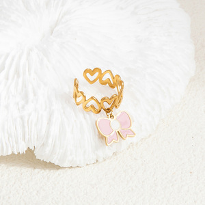 Pink Heart Cherry Pendant <b>Ring</b> Open Stainless Steel Fashion <b>Ring</b> For Women Gift Jewelry - Product Image 4