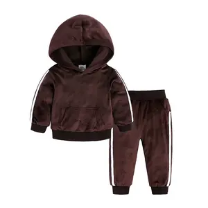Drop Shipping Casual Sport Boys And Girls 2 Piece Velvet Hoodie Custom Kids Sweatsuit Sets