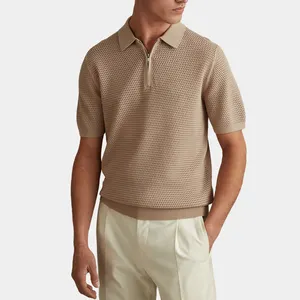 2024 Summer Short Sleeve Casual Fashion Solid Color Custom Pullover Men Half Zip Polo Waffle Knit T-shirt