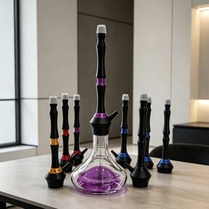 Chicha en verre transparent moderne, design noir et violet, avec plusieurs embouts, pour usage en lounge - Product Image 1