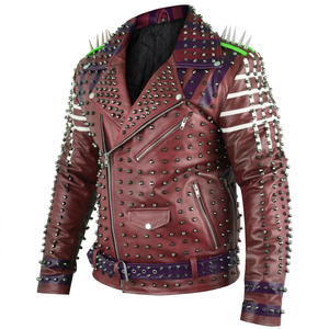Blouson moto homme style punk en cuir véritable, streetwear, avec rivets et clous, col montant, fermeture éclair, coupe ajustée - Product Image 1