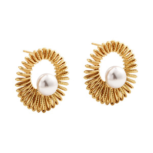 Flower Stud <b>Earrings</b> Faux <b>Pearl</b> Round <b>White</b> Zinc Alloy Bezel Setting Women's Everyday Wear - Product Image 5