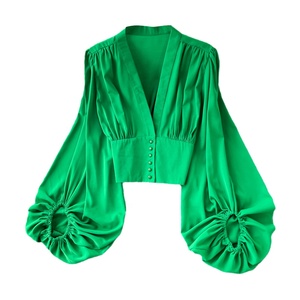 Chemisier court et ajusté à col en V et manches lanternes pour <span class=keywords><strong>femme</strong></span>, style printemps-automne - Product Image 5