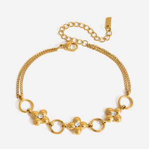 Pulsera de Trébol de Cuatro Hojas, Aleación de Zinc Dorada, Diseño de Flor con Pedrería, Joyería para Mujer, Regalo para Ocasiones Especiales - Product Image 1