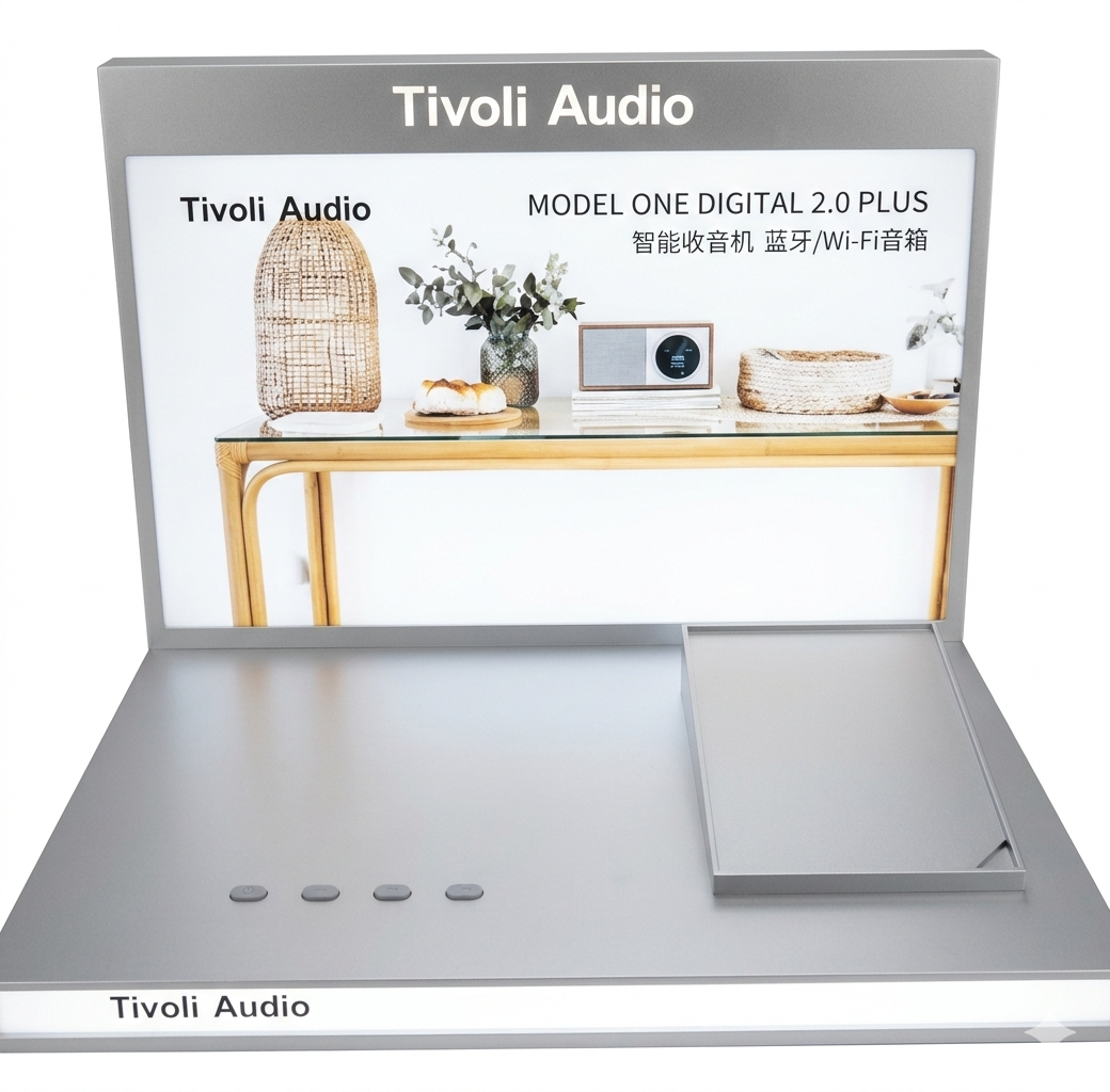 Apache Custom Countertop LED Acrylic Speaker Display Stand for Electronic Stores, Audio Showrooms and Retail Tech Exhibits