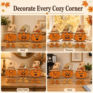 Decoración de mesa de madera de calabaza para Halloween, lindo cartel de Jack O'Lantern con sombrero de bruja y botas colgantes, adorno escalonado para el hogar con temática de cosecha otoñal - Product Image 5