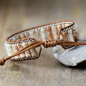Bracelet tressé en perles d'agate orange beige, bijoux unisexes, faits à la main, style bohème - Product Image 5