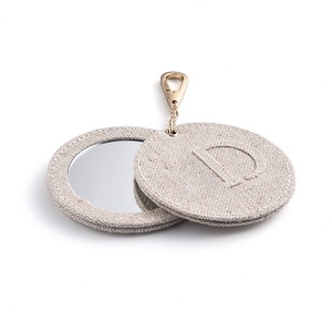 Light Grey Canvas Cotton Fabric Cover Embossed Private Logo Portable Cosmetic Keychain <b>Mirror</b> - Product Image 5